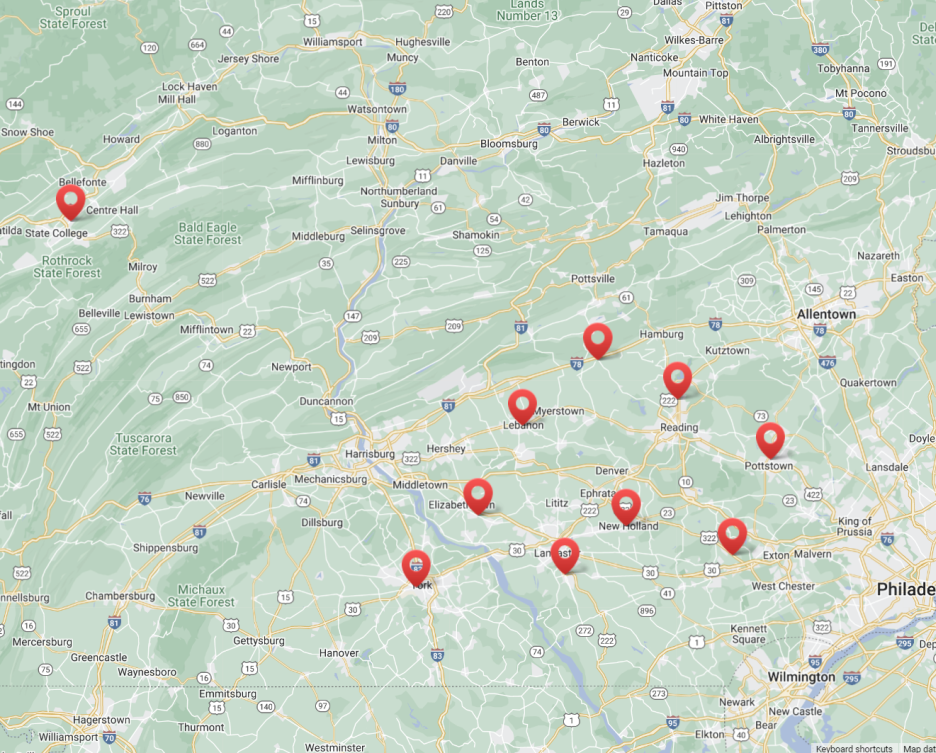 weaver-memorials-locations-map-square Map of Weaver Memorials 10 showroom locations.